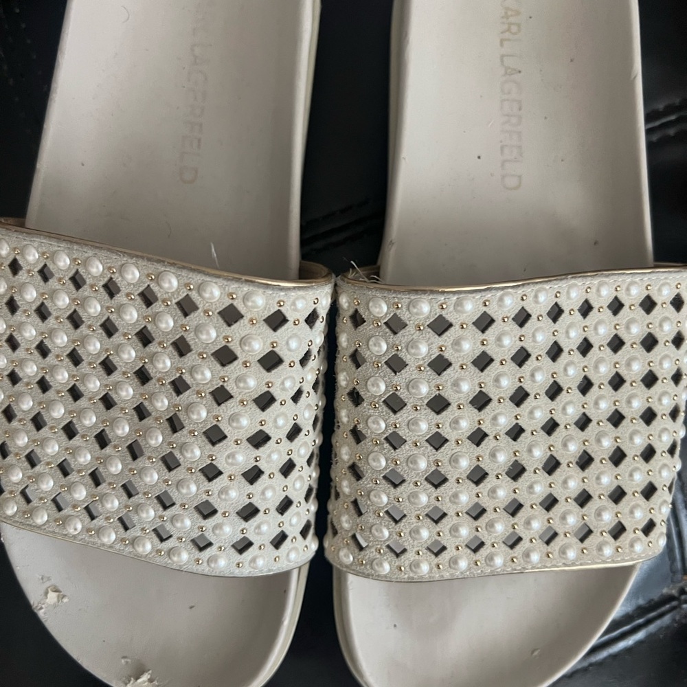 Karl Lagerfeld White Slide Sandals with Woven Design